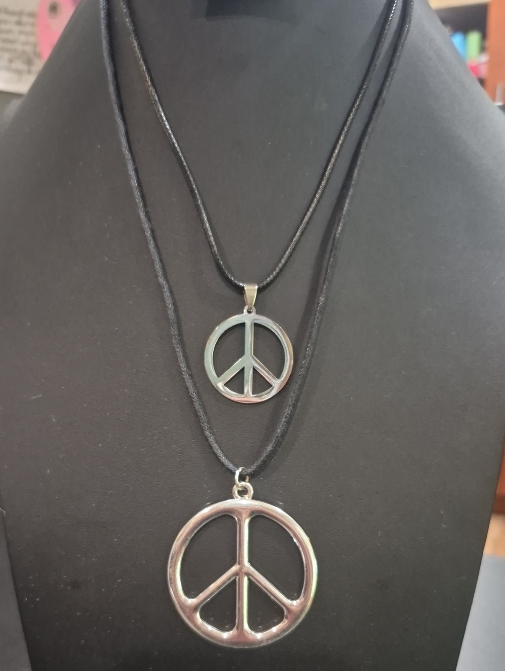 Silver Peace Sign Necklace With Black Cord Set Of 2